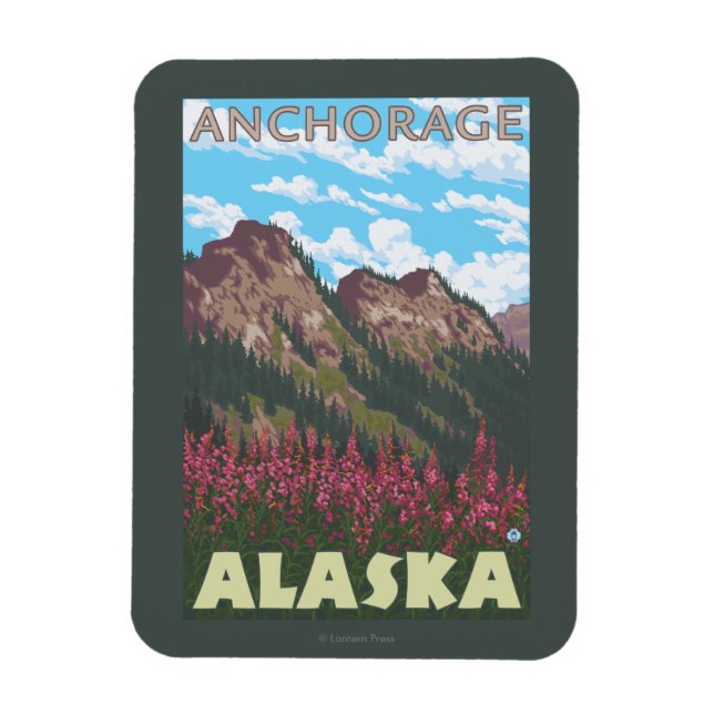 Feueralgen und Berge - Ankerplatz, Alaska Magnet (Vertikal)