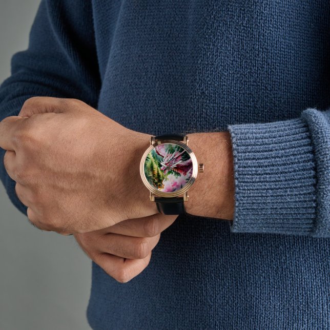 Feueratmende Drache lebhafte rosa Schuppen Armbanduhr (Handgelenk)