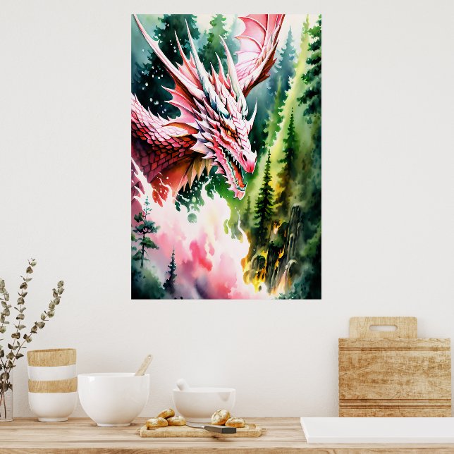Feueratmende Drache lebhafte rosa Schuppen Poster (Küche)