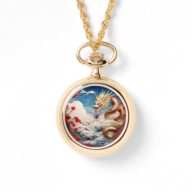 Feueratmende Drache Rot Blau und Gold Waage Armbanduhr (Vorderseite)