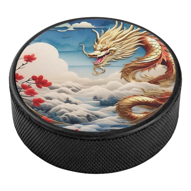 Feueratmende Drache Rot Blau und Gold Waage Eishockey Puck (3/4)