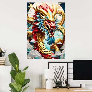 Feueratmende Drache Rot Blau und Gold Waage Poster