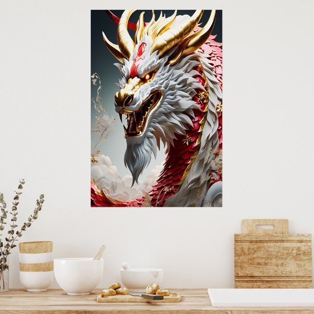 Feueratmende Drache Rot-Weiß- und Goldwaage Poster (Küche)