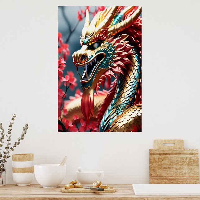 Feueratmung Drache Gold Blau und Rot Waage Poster (Küche)