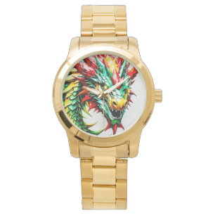 Feueratmung Drachen rot, grün und gelb Armbanduhr