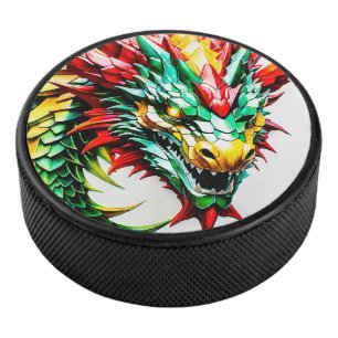 Feueratmung Drachen rot, grün und gelb Eishockey Puck