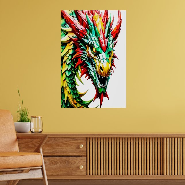 Feueratmung Drachen rot, grün und gelb Poster (Wohnzimmer 2)