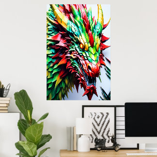 Feueratmung Drachen rot, grün und gelb Poster