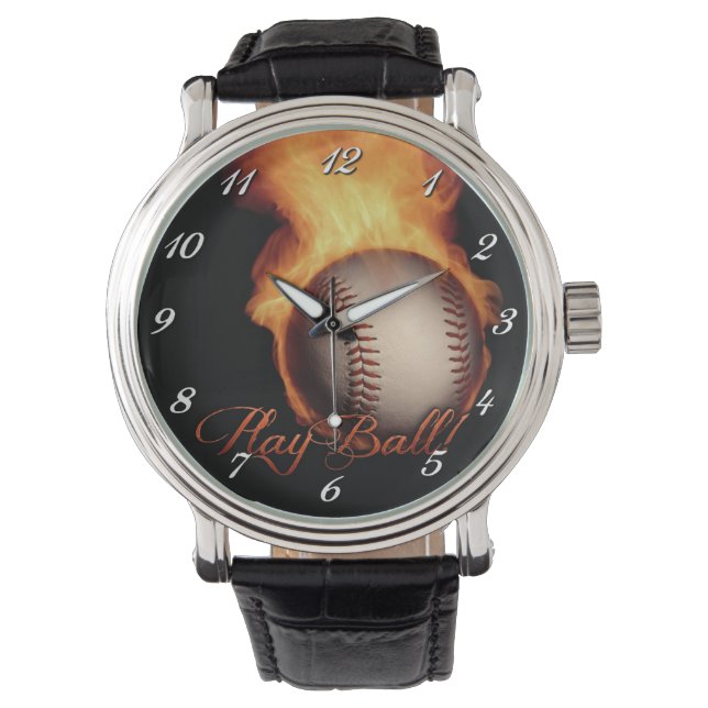 Feuerball Muster Baseball Liebhaber Armbanduhr 2 (Vorderseite)