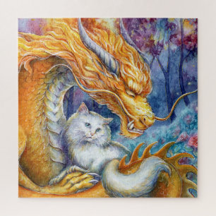 Feuerdrache und weiße Katze im mystischen Wald Puzzle