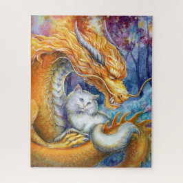Feuerdrache und weiße Katze im mystischen Wald Puzzle