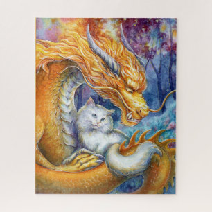 Feuerdrache und weiße Katze im mystischen Wald Puzzle