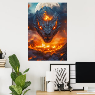 Feuerdrache unter Vollmond-Fantasy Poster