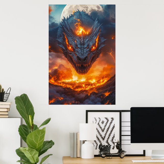 Feuerdrache unter Vollmond-Fantasy Poster (Heimbüro)