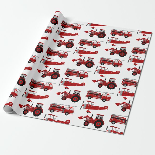 Feuerfahrzeug, Flugzeug, Zugmaschine Geschenkpapier (Ungerollt)
