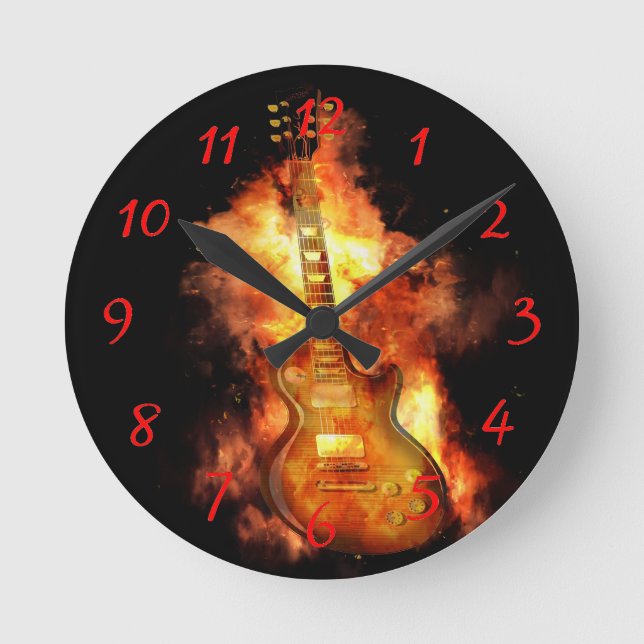 Feuergitarre Runde Wanduhr (Vorderseite)