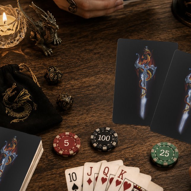 Feuerroter Fantasy-Drache mit silbernem Schwert Ge Spielkarten (Von Creator hochgeladen)