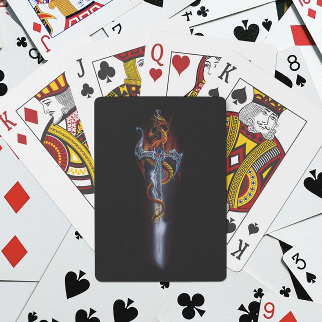 Feuerroter Fantasy-Drache mit silbernem Schwert Ge Spielkarten (Von Creator hochgeladen)