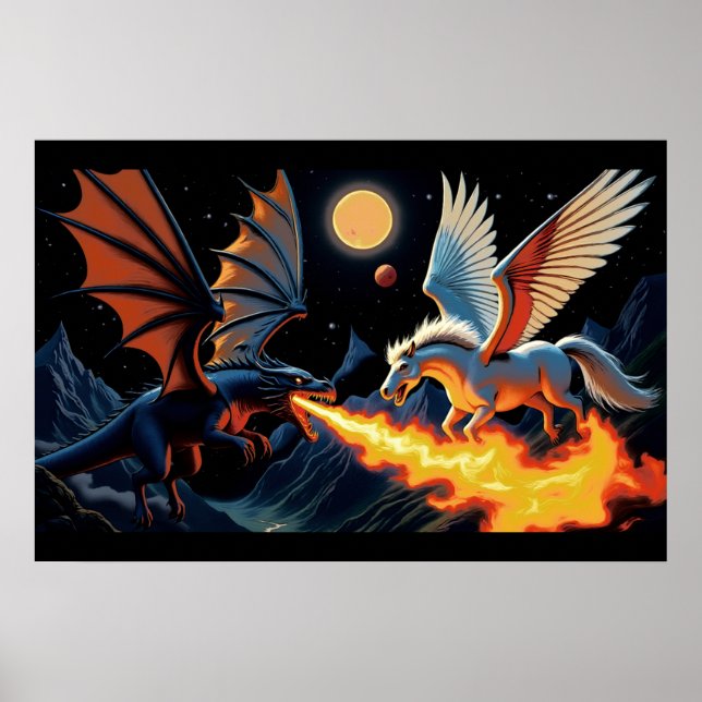 Feuerspeiender Drache und Pegasus Poster (Vorne)