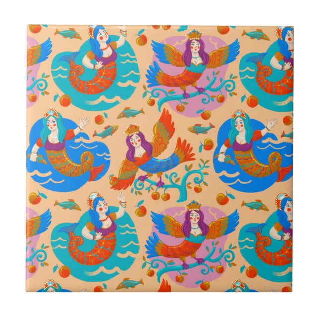 Feuervögel und Meerjungfrauen Fliese (Vorderseite)