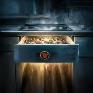 Feuerwehr: Gold und rotes Abzeichen mit Brandbombe Keramikknauf