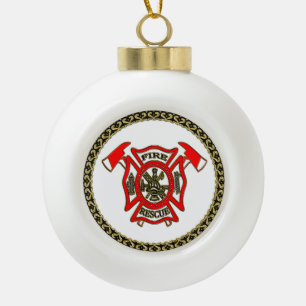Feuerwehr-Gold und rotes Abzeichen mit Feuer-Äxten Keramik Kugel-Ornament
