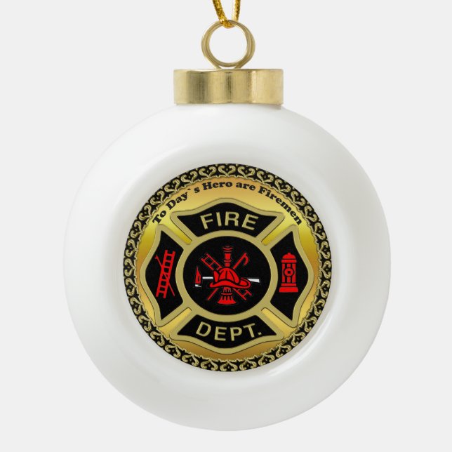 Feuerwehr-Logo Schwarzes und GoldAbzeichen Keramik Kugel-Ornament (Vorderseite)
