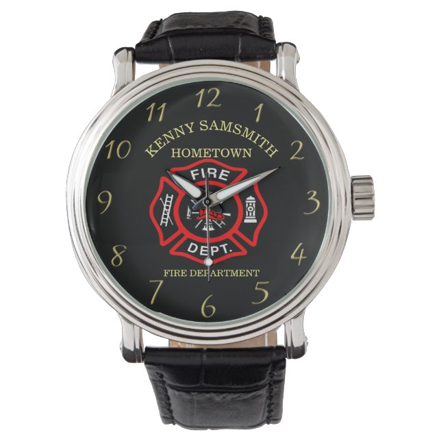 Feuerwehr Schwarz-Rotes Abzeichen mit Äxen Armbanduhr (Vorderseite)