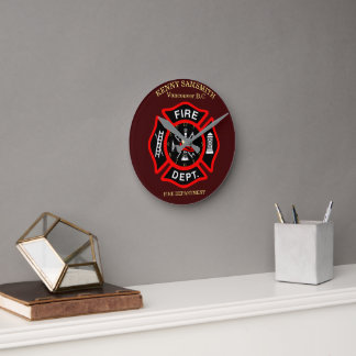 Feuerwehr Schwarzes und Rotes Abzeichen Runde Wanduhr