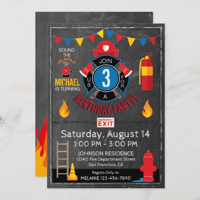 Feuerwehrabteilung Geber und Abzeichen Geburtstag Einladung (Vorne/Hinten)