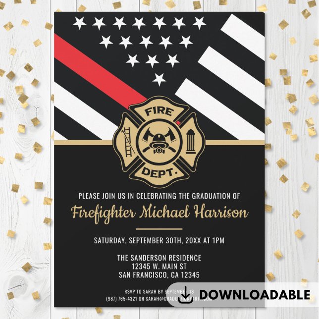 Feuerwehrakademie Feuerwehrmannschaft Einladung (Firefighter Graduation Red Line Flag Fireman Invitations)