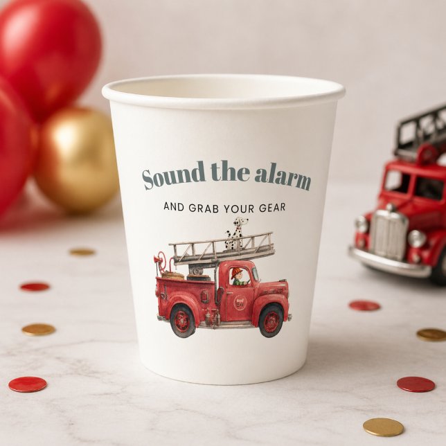 Feuerwehrauto Geburtstagsalarm Pappbecher (Fire Truck Birthday Sound the Alarm Paper Cups)