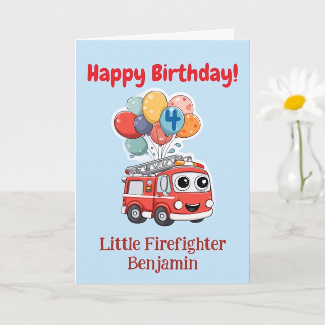 Feuerwehrauto Glückwünsche, individuelle 4. Geburt Karte (Kleine Pflanze)