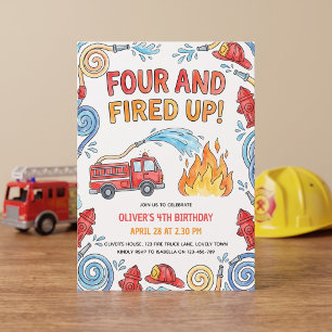 Feuerwehrauto Vier und Feuer und Flamme zum 4. Geb Einladung