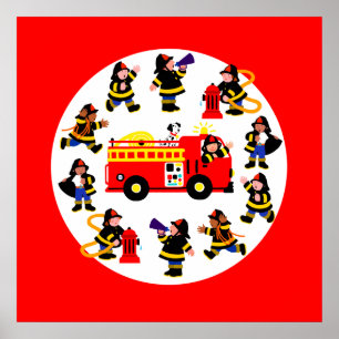 Feuerwehrfahrzeuge mit beschäftigten Feuerwehrleut Poster