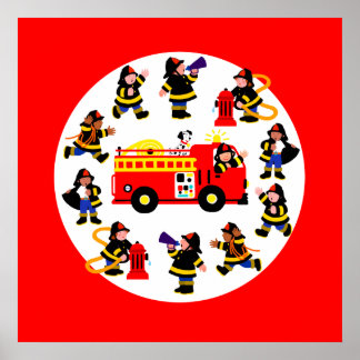 Feuerwehrfahrzeuge mit beschäftigten Feuerwehrleut Poster