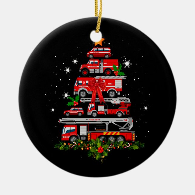 Feuerwehrfeuer Truck Weihnachtsbaum Lichter Santa Keramik Ornament (Vorne)