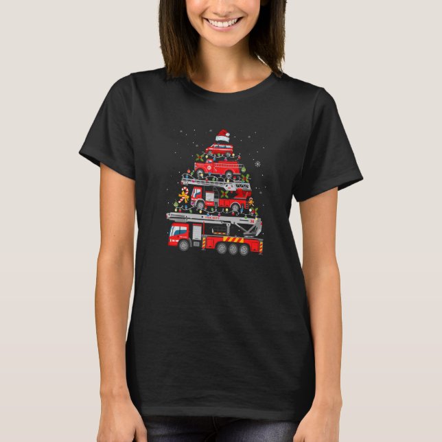 Feuerwehrfeuer Truck Weihnachtsbaum Lichter Santa T-Shirt (Vorderseite)