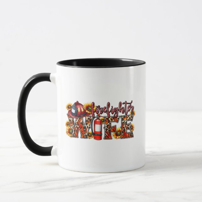 Feuerwehrfrau-EHEFRAU – Sonnenblume Leopard-Flamme Tasse (Links)