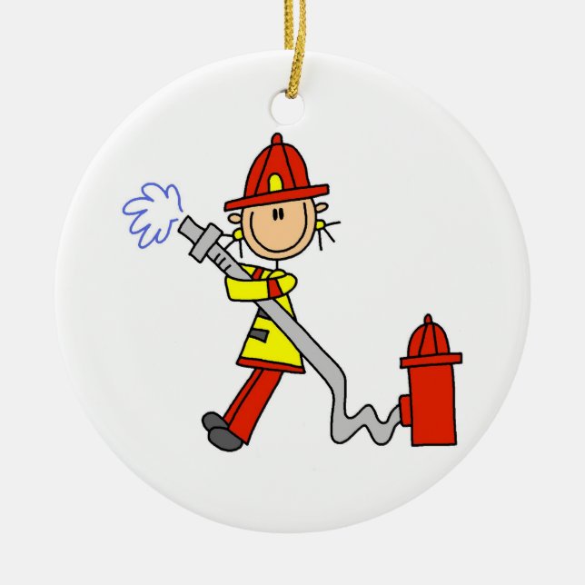 Feuerwehrfrau mit T - Shirt und Geschenken Keramik Ornament (Vorne)