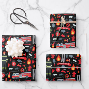 Feuerwehrgeräte LKW Leitern Äxte Muster Geschenkpapier Set