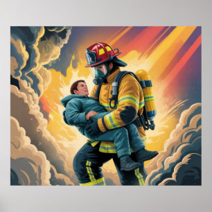 Feuerwehrheld Rettungsszene Poster