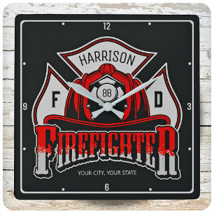Feuerwehrhelm ADD NAME Fire Department Rescue Quadratische Wanduhr