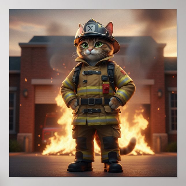 Feuerwehrkatze Poster – 3D Held Katzen Wandkunst (Vorne)
