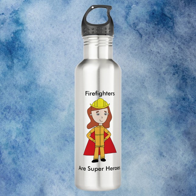 Feuerwehrleute sind Super Heroes Weibliche Funny Edelstahlflasche (A water bottle featuring a woman firefighter and the text, "Firefighters Are Super Heroes".)
