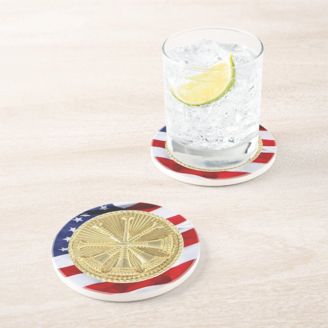 Feuerwehrmann 4 Goldmedaille Sandstein Untersetzer (Seite)