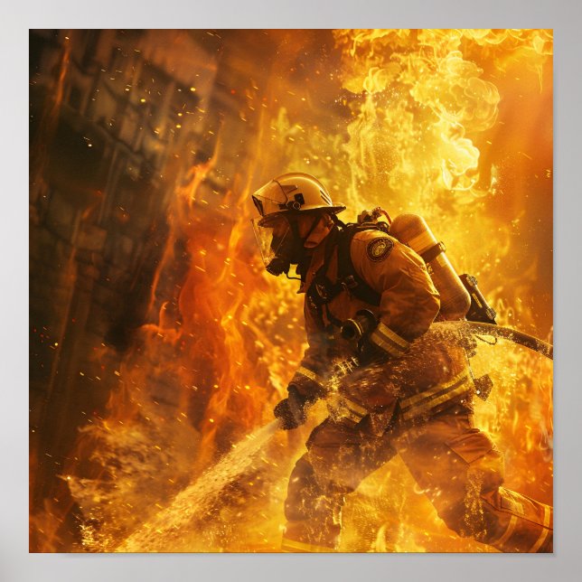 Feuerwehrmann, der ein Feuer ausbricht Poster (Vorne)