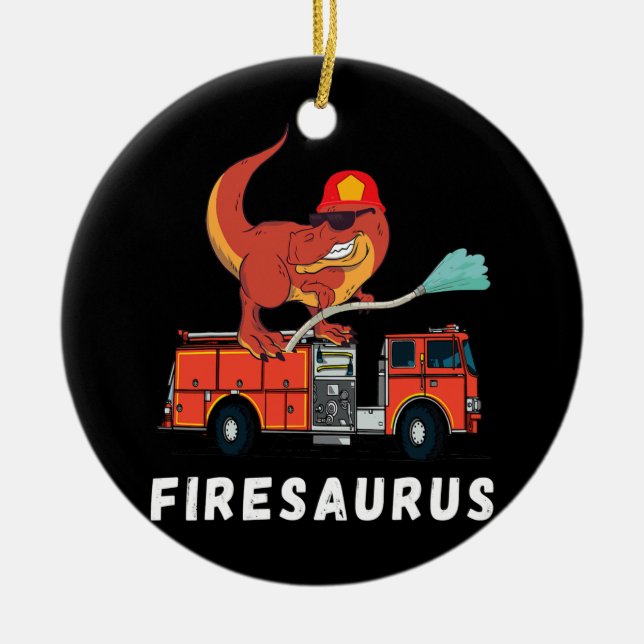 Feuerwehrmann Dinosaur Funny Fireman Truck T Rex Keramik Ornament (Vorne)