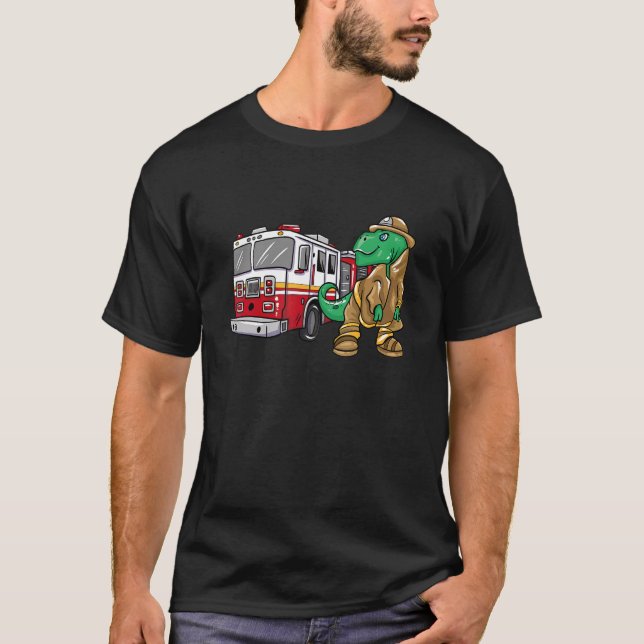 Feuerwehrmann Dinosaurier auf dem Feuerwehrwagen D T-Shirt (Vorderseite)