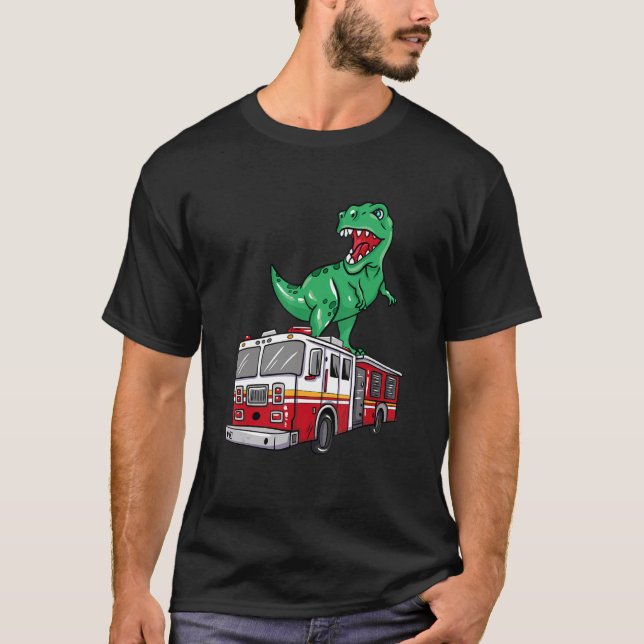 Feuerwehrmann Dinosaurier auf dem Feuerwehrwagen D T-Shirt (Vorderseite)